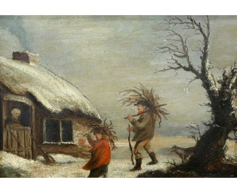 ENGLISH NAIVE SCHOOL FIGURES COLLECTING WOOD OUTSIDE A COTTAGE Oil on panel35cm x 49cm