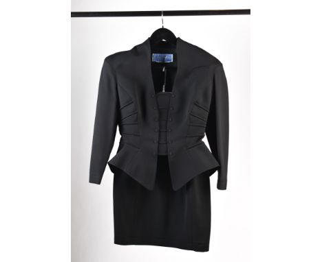 Vintage Terry Mugler Kostüm 1990er JahreKammgarn, schwarz, Etiketten entfernt, Größe wohl 34/36, Zustand sehr gut