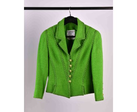 Vintage Chanel Blazer 1993 AWolle und Nylon in grün, Innenfutter grüne Seide, grün goldene Knöpfe, Modellnr. P02231, Größe FR