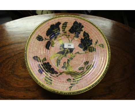 A New Hall Boumier ware pink lustre and blue floral decorated shallow dish