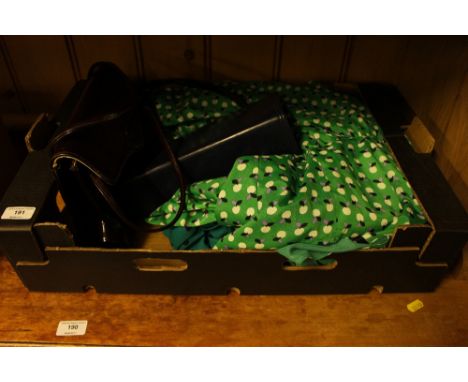 A box of vintage fashion to include two Berkertex dresses; handbags etc.