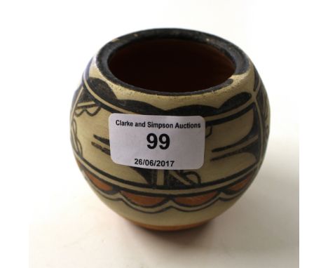 Robert Tenorio, vintage signed Santo de Mingo Pueblo vase with geometric decoration, signed and inscribed to base
