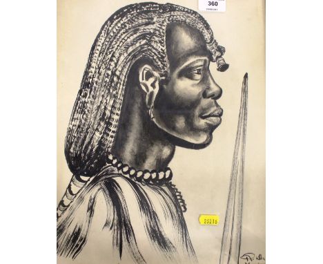 A needlework embroidery; a watercolour study of a church and two ethnic portrait studies