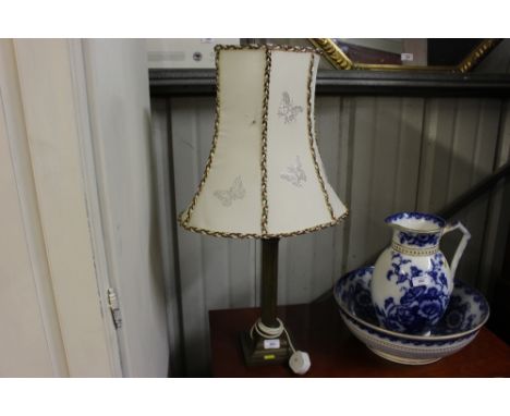 A bras Corinthian column columned table lamp and shade