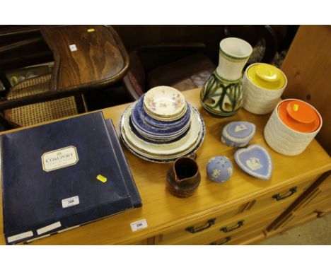 Two Coalport collector's plates together with two Orla Kiely storage jars; a Rye pottery vase; Wedgewood Jasperware; various 