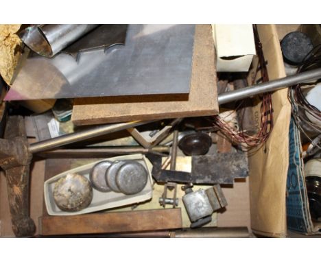 A box of metal worker's tools and metal ware