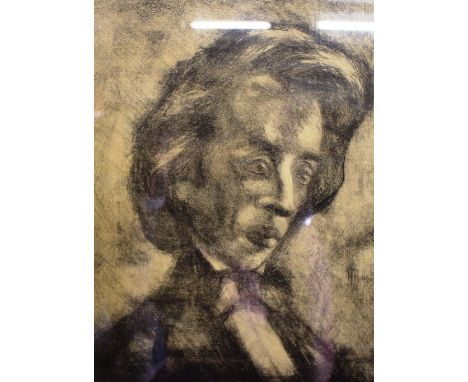 A black and white etching of Chopin, signed possibly by Jack Coughlin