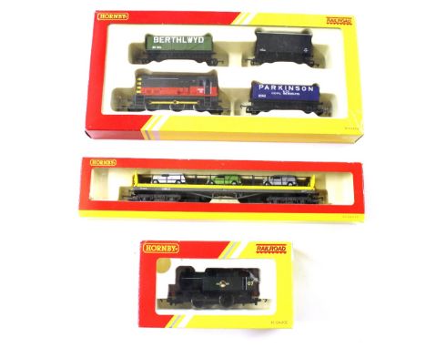 A Hornby railroad train pack together with a B R Industrial No. 7 train and a Hornby car transporter R6398