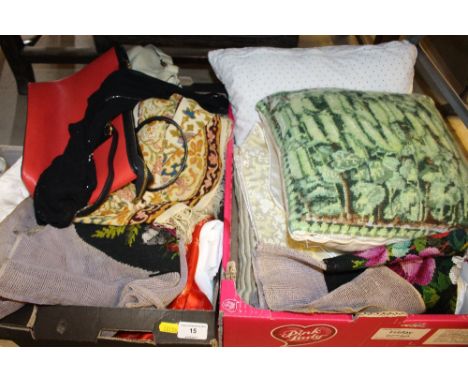 Two boxes of textiles and cushions