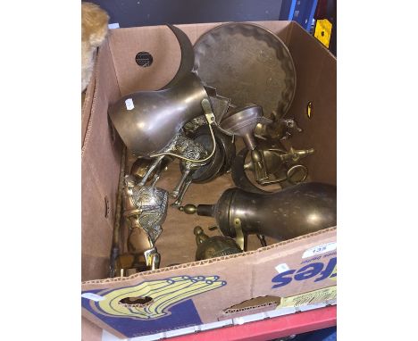 A box of brassware to include door knocker, carriage horse, giraffe, bells, coffee pots bearing Tughra marks, etc. 