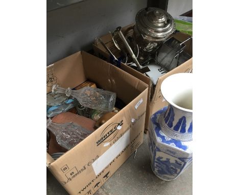 2 boxes of misc kitchenalia to include enamel Flour bin, samovar, clocks, cut glass decanters, terracotta pot, etc. 