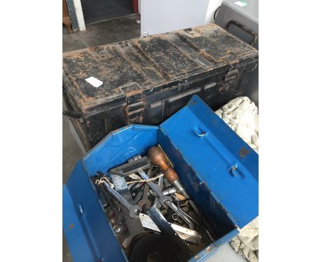 A metal toolbox and an ammo box with tools 