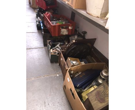 Twelve (12) boxes of garage items, tools lamps, plaques, weighing scales, pressure vessel etc 