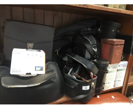 Good collection of cameras to include Sony, Pentax, digital cameras, etc, Sony Handycam, Chinox cine camera, 2 pairs of binoc