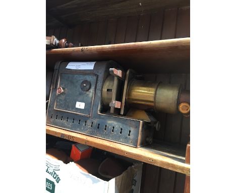 An antique magic lantern adapted for electricity - old wiring - 230V - 500W, with slide, brass and copper bits. 
