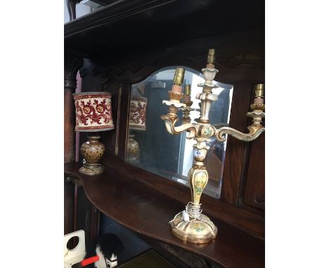 A brass table lamp and a painted candelabra style table lamp. 