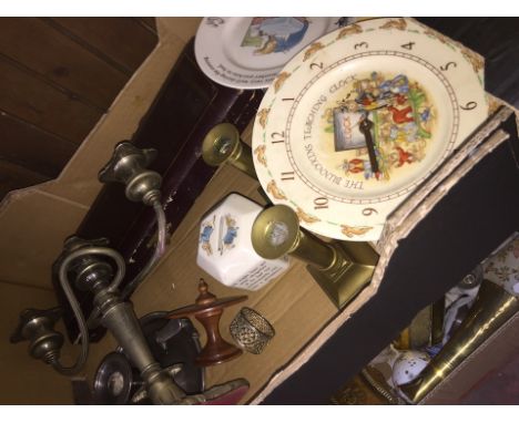 A box of misc comprising a carving set, an EPNS chamber stick and other metal ware, Beatrix Pottery crockery etc. 