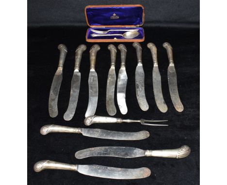 A CASED SILVER THREAD HANDLED FORK AND SPOON  together with a collection of antique silver handled knives and a white metal t