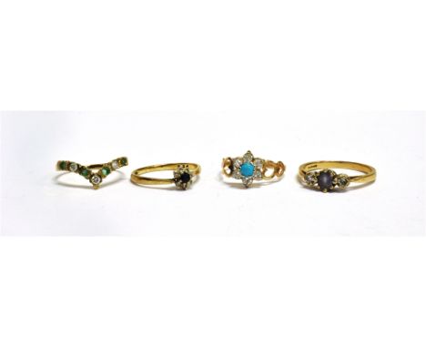 A COLLECTION OF FOUR STONE AND GEM SET DRESS RINGS  three marked 9ct or 375, one with faded marks, ring sizes K,L, L ¾, N ½, 