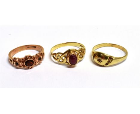 THREE VINTAGE 9CT GOLD RINGS Red stone set dress rings, ring sizes Q ½, T ½ and S, all with faded hallmarks, weight 8g