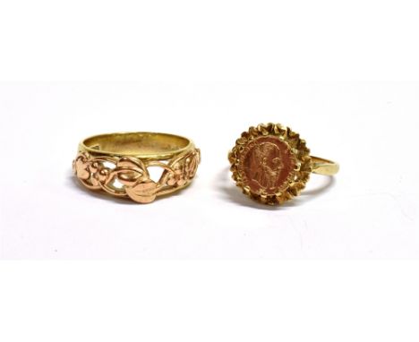 TWO VINTAGE RINGS A 9ct gold medallion set ring, size N ½ weight 3g, a yellow metal open work band ring, worn markings, size 