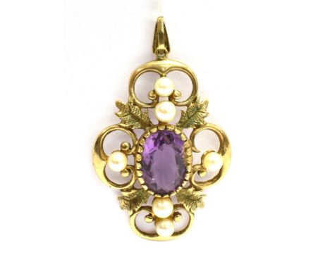 A 9CT GOLD, PURPLE ALMANDINE AND CULTURED PEARL PENDANT PIECE  the faceted oval almandine measuring 1.5 x 0.9cm and set in an