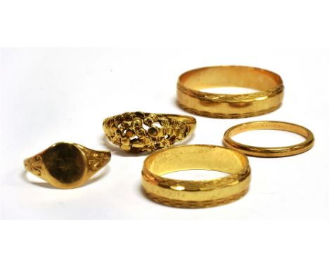 A COLLECTION OF FIVE 9CT GOLD RINGS  sizes F ½, K, M ½, N and Z +4, total weight 8grams