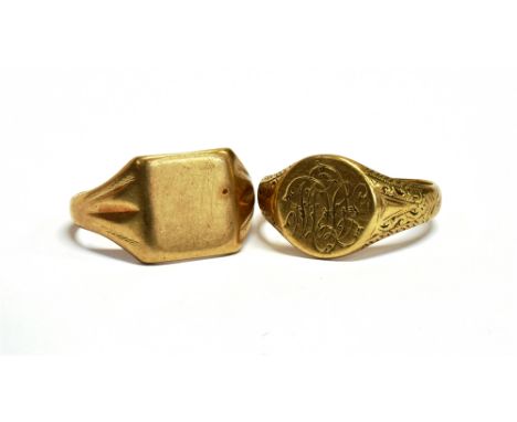 TWO 9CT GOLD SIGNET RINGS  one with blank cartouche, ring size S ½, the other with monogrammed cartouche and patterned should