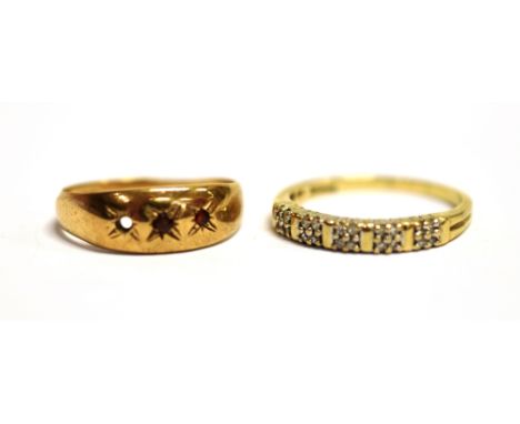 TWO RINGS  A marked DIA 12pts yellow and white metal thin band dress ring, size S, weight 2.2g, rubbed hallmark, a 9ct gold r