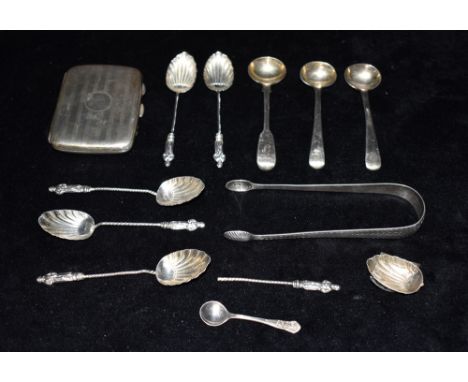 A COLLECTION OF SILVER  comprising a silver cigarette case of engine turned pattern, a pair of sugar tongs, an assortment of 