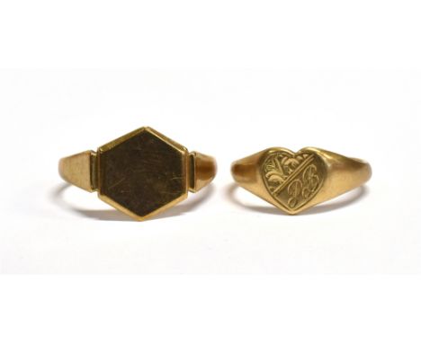 TWO 9CT GOLD SIGNET RINGS  one with blank hexagonal shaped bezel, hallmarked for Birmingham, date letter C, ring size R ½ one