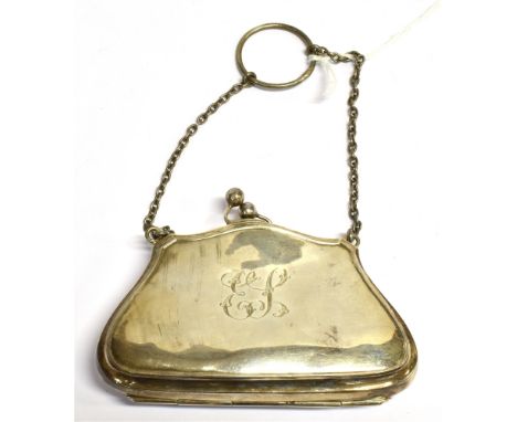 A SILVER PURSE  The purse fitted with a metal chain, of plain form with monogrammed initial, stamped with Lion Passant and da
