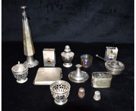 A COLLECTION OF SILVER WHITE METAL AND EPNS To include a cigarette case, compact on metal chain, thimble, etc