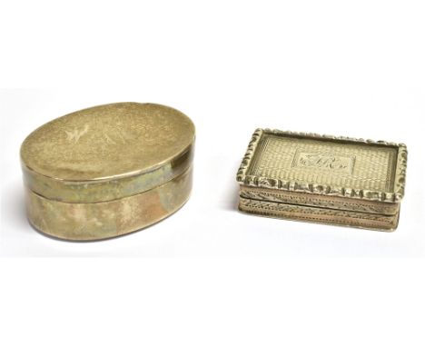 TWO SILVER VINAIGRETTES  one of plain form, length 3.5cm, stamped with lion passant, one of engine turned pattern, rectangula
