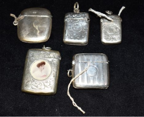 A COLLECTION OF FOUR SILVER VESTAS  together with an EPNS vesta case featuring a portrait miniature of female Condition Repor