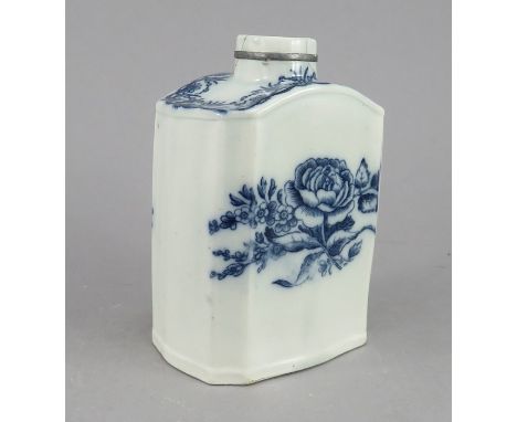 A late eighteenth century blue and white transfer-printed silver-shape tea caddy, c.1795. It is decorated with floral sprays 
