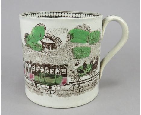 An early nineteenth century brown and white transfer-printed Railway mug c. 1830-40. It is printed with a panoramic wrap-arou