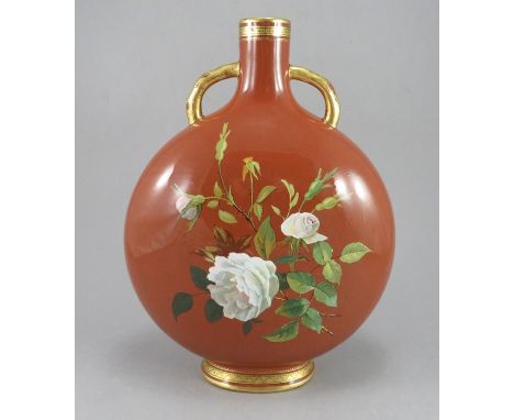 A MIntons terracotta twin handled moon flask, circa 1880, decorated in the Aesthetic manner with roses, gilt detailing, Thoma