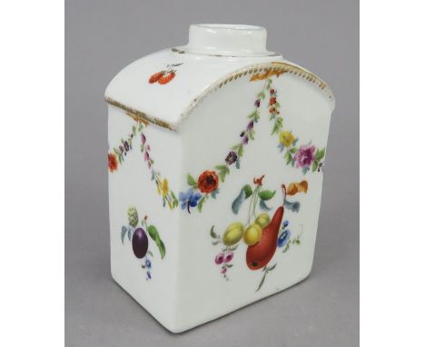 A late eighteenth century Meissen porcelain tea caddy, c. 1780. It is hand-painted with floral swags and each panel has a dif