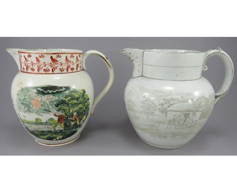 Two early nineteenth century pearlware jugs, c.1810-20. The first is printed in black with shooting, chinoiserie and bull bai
