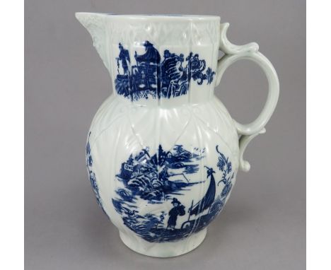 A late eighteenth century blue and white transfer-printed porcelain Caughley mask jug, c. 1795. It is printed with the Fisher