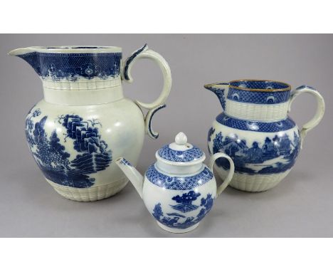 A group of late eighteenth century blue and white transfer-printed chinoiserie wares, c.1795. To include: a miniature size Bo