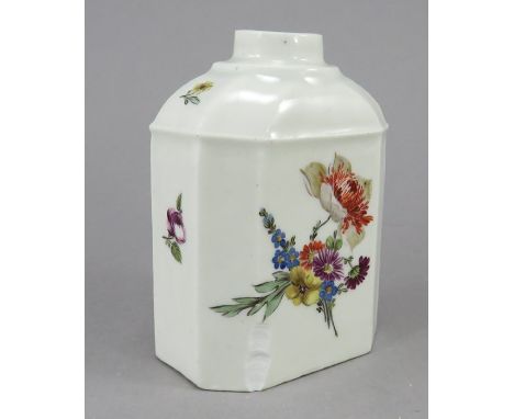 A late eighteenth century Meissen porcelain tea caddy, c. 1780. It is hand-painted with floral studies and has a hand-painted