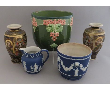 A Wedgwood dark blue Jasper dip planter, a jug, an Arts &amp; Crafts green glaze planter and a pair of Satsuma vases (5)