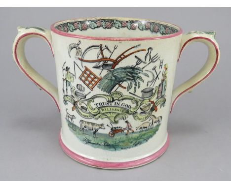 An early nineteenth century transfer-printed, painted and named and dated frog loving mug, c.1830-40. One side is printed wit