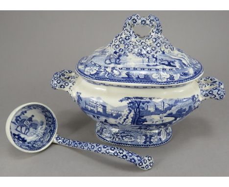 An early nineteenth century blue and white transfer-printed pearlware Leeds Pottery Italian Scenery sauce tureen, cover and m