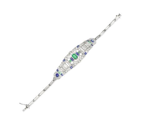 EMERALD, SAPPHIRE AND DIAMOND BRACELET, CIRCA 1925Of geometric design, the openwork plaque set with old brilliant, single and