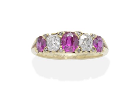 RUBY AND DIAMOND FIVE-STONE RING, LATE 19TH CENTURYOval-cut rubies and cushion-shaped and rose-cut diamonds, mounted in gold,