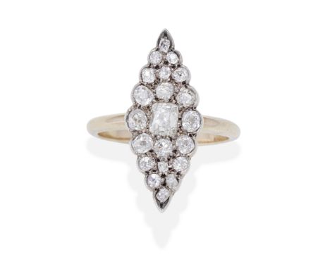 DIAMOND RINGOf navette design, set with cushion, single and old brilliant-cut diamonds, diamonds approx. 0.80ct total, ring s