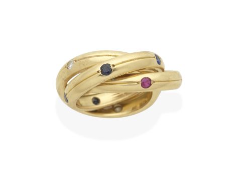 CARTIER: GEM-SET 'TRINITY' RINGEach interlocking hoop accented with circular-cut rubies, circular-cut sapphires or brilliant-
